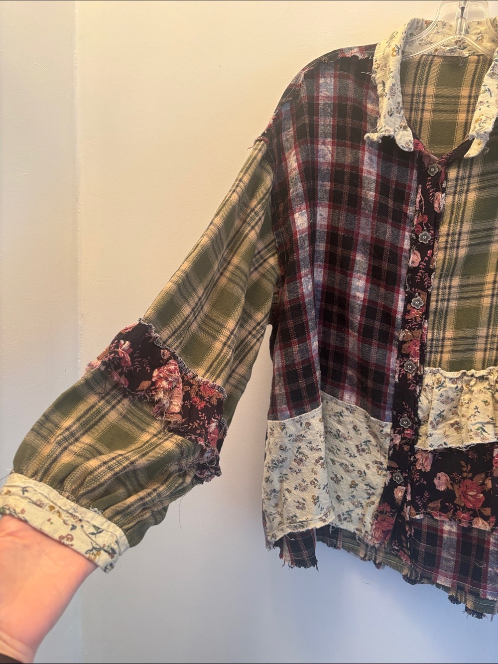 POL | Patchwork Plaid & Floral Jean Jacket in Olive, Burgundy, Cream Sz L - Picture 3 of 10